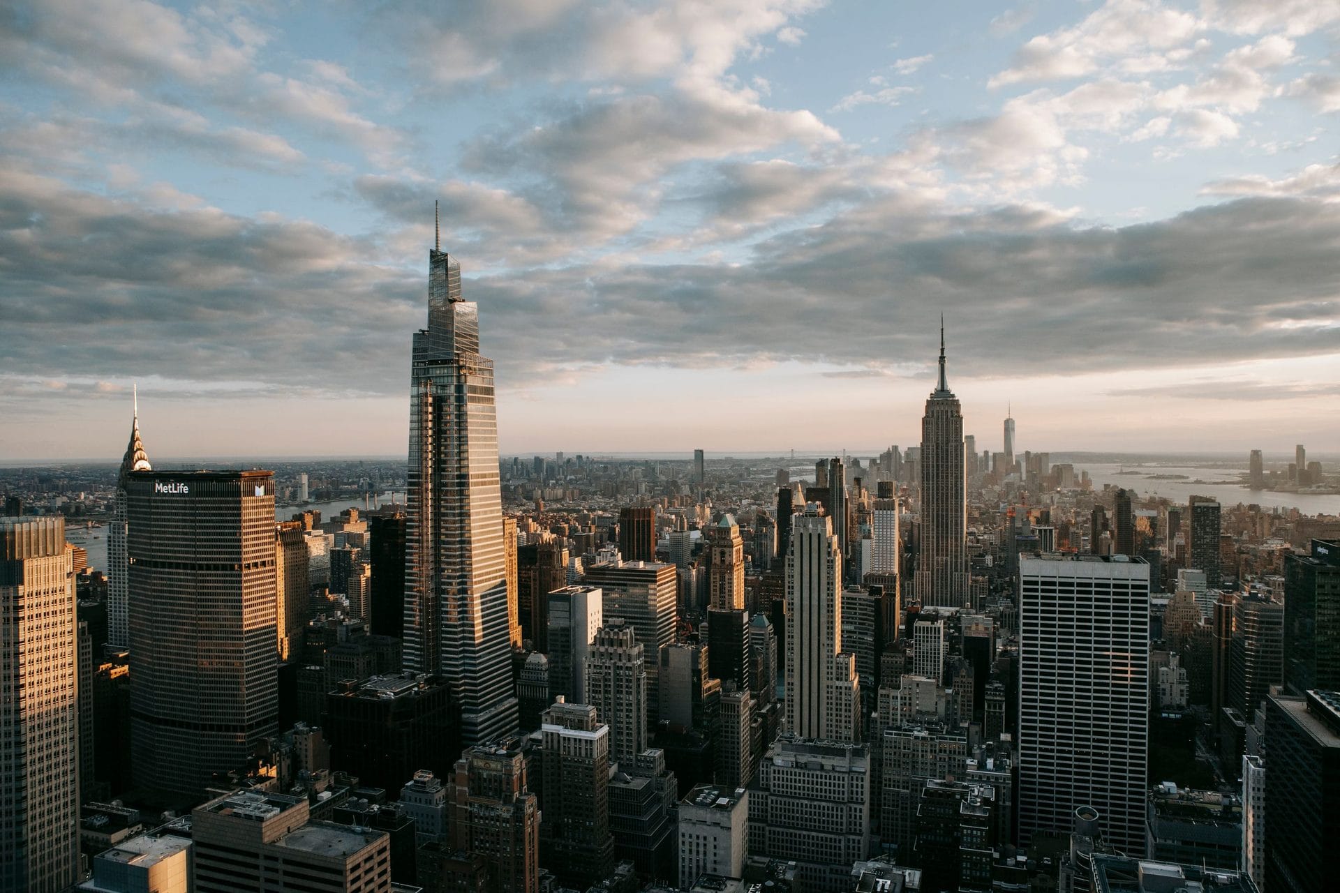 Manhattan skyline with the Empire State Building at golden hour