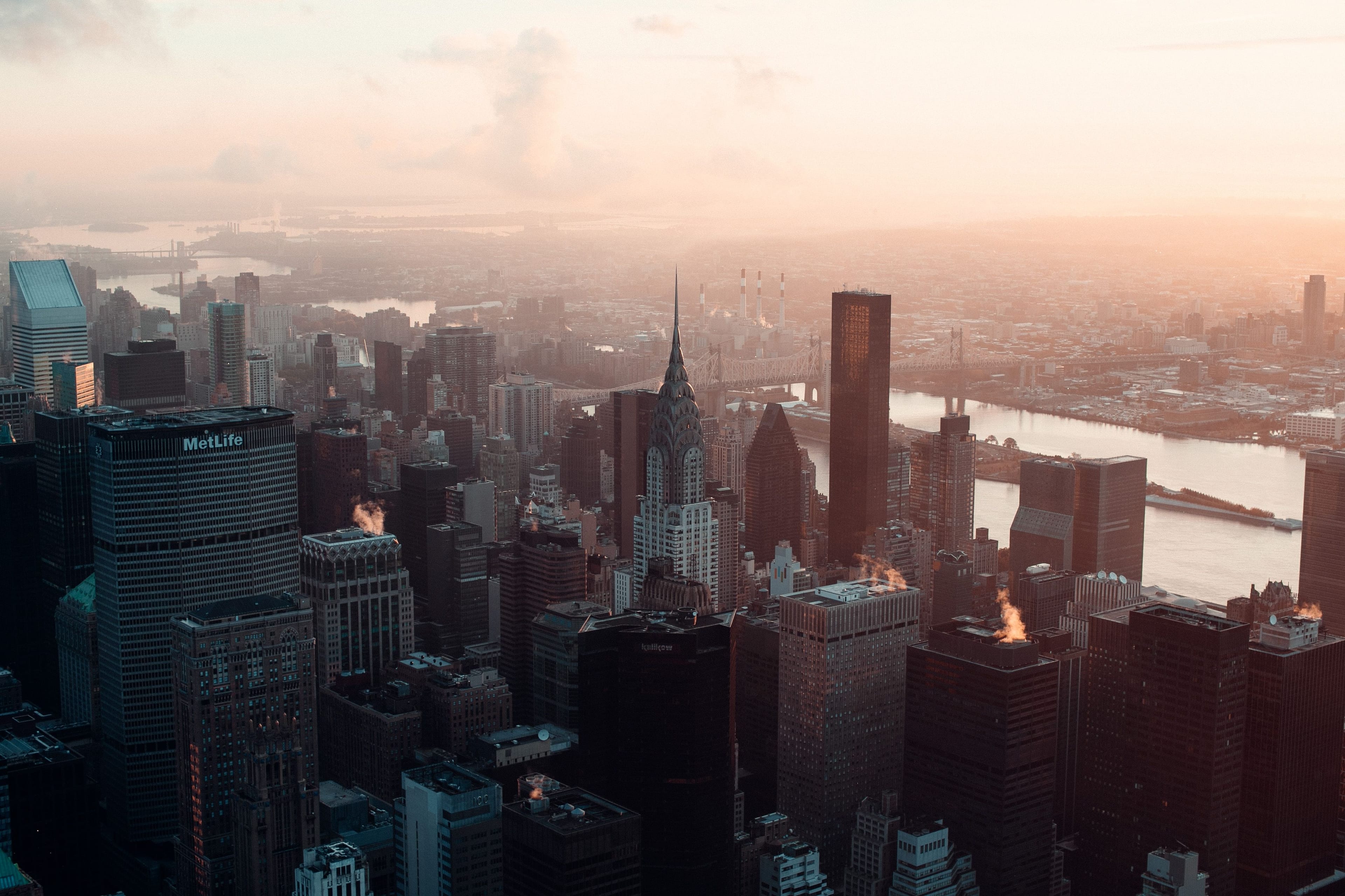 Midtown Manhattan skyline at dusk with the Chrysler Building